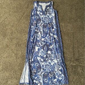 Passport Susan Graver Blue/White Abstract Print Liquid Knit Dress, Size Medium